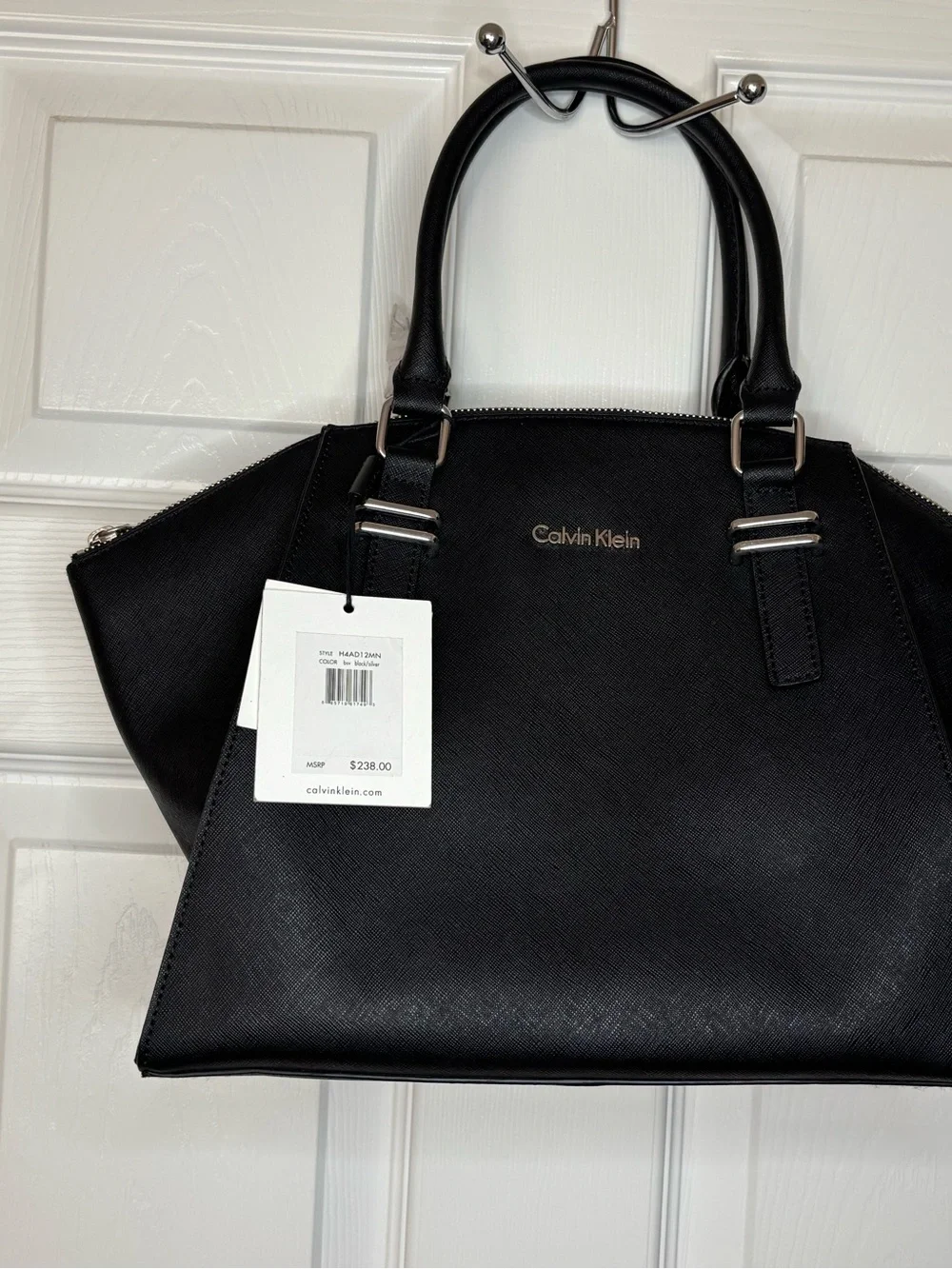 Calvin Klein Black Textured Satchel with Top Handles